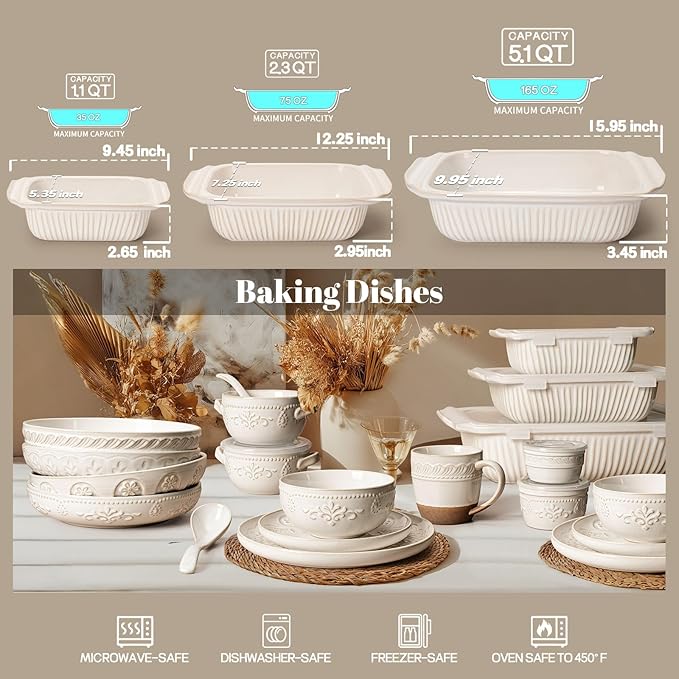 Artena Casserole Dishes For Oven, Ceramic Baking Dish, Large Lasagna Pan With Handles, Baking Pan Casserole Dish, Rectangular Bakeware Deep, White, Set Of 3 (5.1Qt/2.3Qt/1.1Qt) (Only Baking Dish) - Image 7