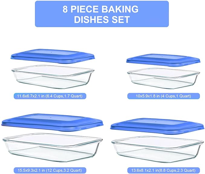 KOMUEE 8 Pieces Glass Baking Dish with Lids Rectangular Glass Baking Pan Bakeware Set with BPA Free Lids, Baking Pans for Lasagna, Leftovers, Cooking, Kitchen, Fridge-to-Oven,Blue - Image 2