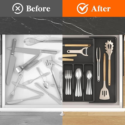 Lifewit Silverware Drawer Organizer, Expandable Utensil Tray for Kitchen, BPA Free Flatware and Cutlery Holder, Adjustable Plastic Storage for Spoons Forks Knives, 15- 27 x 18.5", Black - Image 6