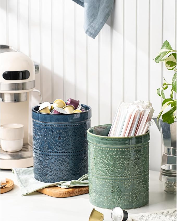 Kitchen Utensil Holder, 7 Inches Large Ceramic Utensil Holder for Countertop, Lace Emboss Cooking Utensil Crocks for Kitchen, Home Decor, Reactive Blue - Image 3