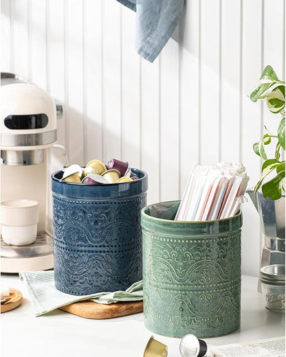 Kitchen Utensil Holder, 7 Inches Large Ceramic Utensil Holder for Countertop, Lace Emboss Cooking Utensil Crocks for Kitchen, Home Decor, Reactive Blue - Image 3