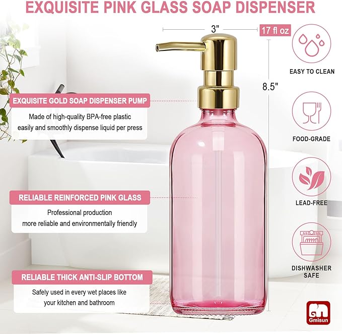 GMISUN Pink Soap Dispenser Bathroom, 1 Pack Glass Dish Soap Dispensers for Kitchen with Rustproof Plastic Gold Pump, 17 Fl Oz Bathroom Hand Soap Dispenser, Modern Liquid Dishwashing Dispensers Bottle - Image 3