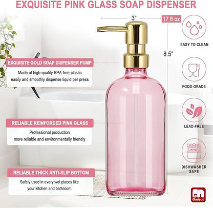 GMISUN Pink Soap Dispenser Bathroom, 1 Pack Glass Dish Soap Dispensers for Kitchen with Rustproof Plastic Gold Pump, 17 Fl Oz Bathroom Hand Soap Dispenser, Modern Liquid Dishwashing Dispensers Bottle - Image 3