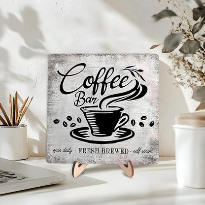 Vintage Coffee Bar Sign Plaque for Coffee Station,Funny Jave Desk Decor for Home or Office,Cafe Shop (Gray, 5.9x5.9inches) - Image 3