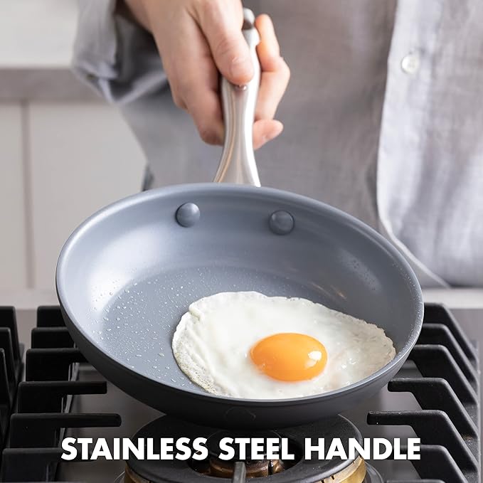 GreenPan Lima Hard Anodized 10" Frying Pan Skillet, Wood Spatula, Ceramic Nonstick, PFAS-Free Nontoxic Pots and Pans, Oven & Broiler Safe, Stainless Steel Handle, Cookware for Eggs & Omelet, Gray - Image 4