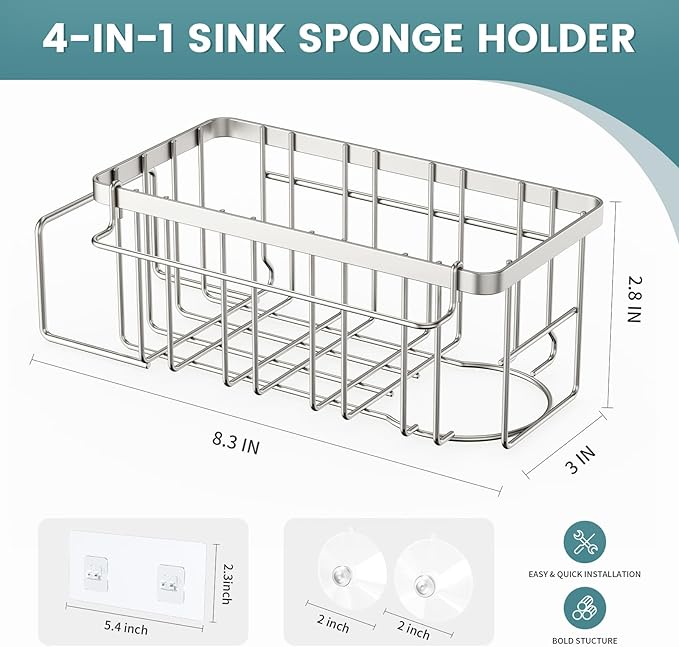 StorageRight 4-in-1 Sponge Holder for Kitchen Sink, Sink Caddy Organizers and Storage with Adhesive Hook & Suction Cups, Rustproof Kitchen Sink Organizer for Home Decor - Silver - Image 2