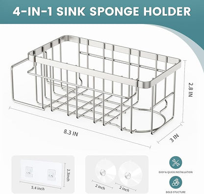 StorageRight 4-in-1 Sponge Holder for Kitchen Sink, Sink Caddy Organizers and Storage with Adhesive Hook & Suction Cups, Rustproof Kitchen Sink Organizer for Home Decor - Silver - Image 2