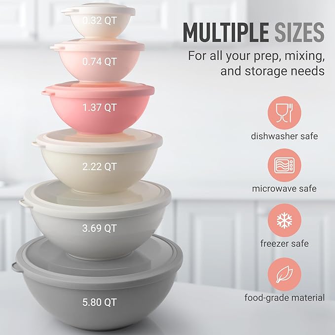 Zulay Kitchen 12 Piece Plastic Mixing Bowls with Lids Set - Colorful Mixing Bowl Set for Kitchen - Nesting Bowls with Lids Set - Microwave and Freezer Safe (Pink Ombre) - Image 3