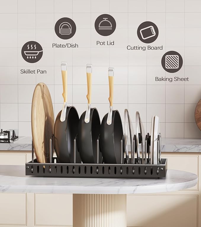 Lozovin Pull Out Pots and Pans Organizer Under Cabinet, Sliding Lid Holder and Pan Rack in Kitchen, Slide Out inside Cabinet Storage for Pot Lid, Bakeware, Dishes, 8 Adjustable Dividers, 1 Pack Black - Image 6