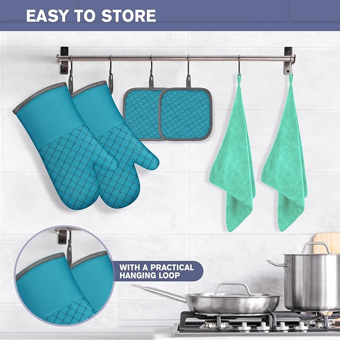 6 Pcs Oven Mitts and Pot Holders, 500℉ Heat Resistant Oven Mitts with Kitchen Towels Soft Cotton Lining and Non-Slip Silicone Surface Safe for Baking, Cooking, BBQ (Lake Blue) - Image 6