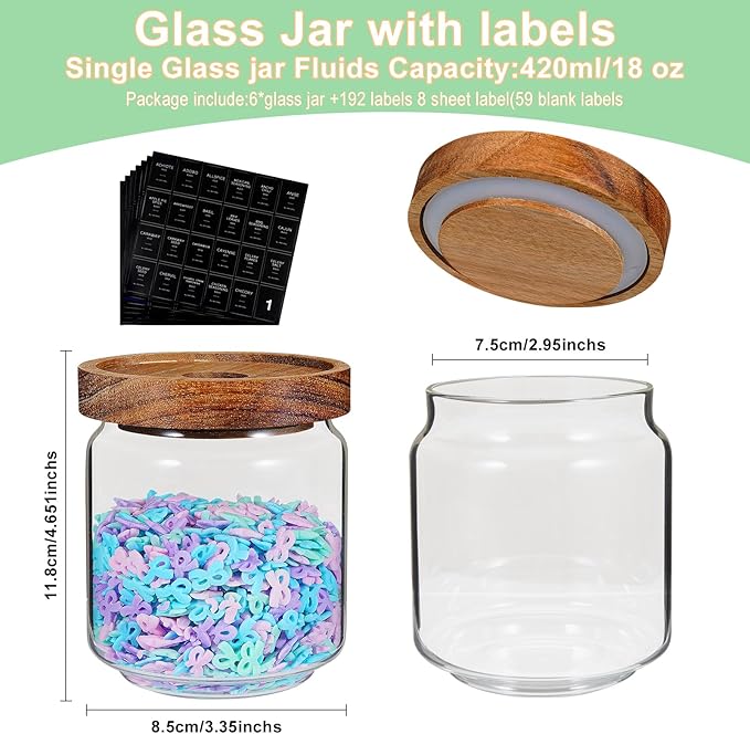 Small Glass Jars with Labels Spice Jar Round Storage Canister with Wooden Lid Clear Glass Food Jar for Pantry Sugar Tea Coffee Bean Spice Nuts Cookies Bath Salts (6 * 420ml(14oz)) - Image 3