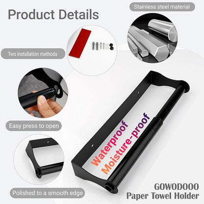 Paper Towel Holder Under Cabinet,Black Stainless Steel Under Counter Wall Mount,Paper Towel Holder,Waterproof and Rustproof Self-Adhesive Kitchen Roll Rack for Kitchen/Living Room/Bathroom