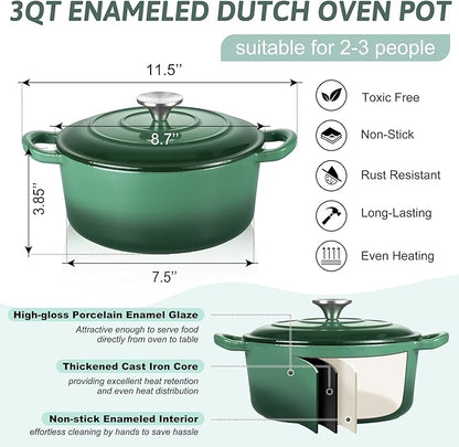 TeamFar Enameled Cast Iron Dutch Oven - 3QT Small Dutch Oven Pot with Lid - Heavy Duty Cast Iron Pot Cookware for Bread Baking, Braising, Stewing, Roasting, Basil Green - Image 2