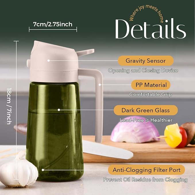 YARRAMATE 16oz/470ml Light-Blocking Dark Oil Sprayer for Cooking, 2 in 1 Olive Oil Dispenser Bottle for Kitchen,Dark Green Glass Oil Bottle, Food-Grade Oil Mister for Air Fryer, BBQ (LotusRootPink) - Image 9