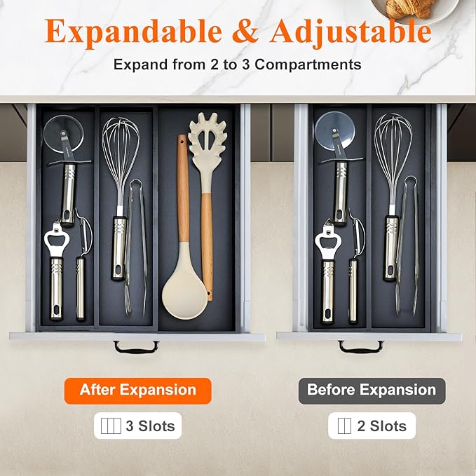 Bamboo Kitchen Tool Drawer Organizer Storage Black Cutlery Tray Expandable Silverware Drawer Divider Organizers Large Cooking Utensil Holder for Drawers Spoon Flatware Organizer Silverware Trays - Image 4