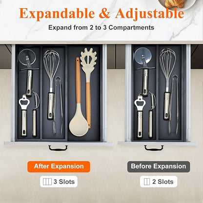 Bamboo Kitchen Tool Drawer Organizer Storage Black Cutlery Tray Expandable Silverware Drawer Divider Organizers Large Cooking Utensil Holder for Drawers Spoon Flatware Organizer Silverware Trays - Image 4