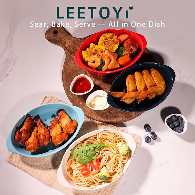LEETOYI Porcelain Small Oval Au Gratin Pans, Baking Dish Set for 1 or 2 person servings, Bakeware with Double Handle for Kitchen and Home, Set of 2 (Navy) - Image 4