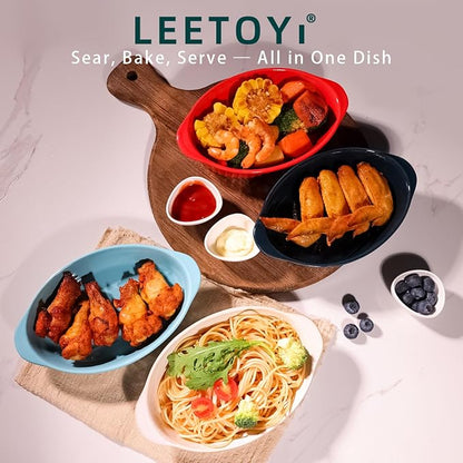 LEETOYI Porcelain Small Oval Au Gratin Pans, Baking Dish Set for 1 or 2 person servings, Bakeware with Double Handle for Kitchen and Home, Set of 2 (Turquoise) - Image 3