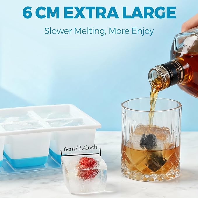 Large Ice Cube Trays 2 Pack, Easy Release 2.4" Super Big Ice Cubes, Stackable Ice Trays for Freezer, Silicone Cocktail, Whiskey Ice Cubes Mold with Lid, Dishwasher Safe - BPA Free - Image 3