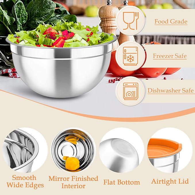 TeamFar Mixing Bowls, Stainless Steel Nesting Salad Bowls with Lids Set & 3 Grater Attachments, For Mixing/Serving/Storing, Non-toxic & Long-lasting, Size 4.6/3 / 1.5 QT, Colorful - Image 4