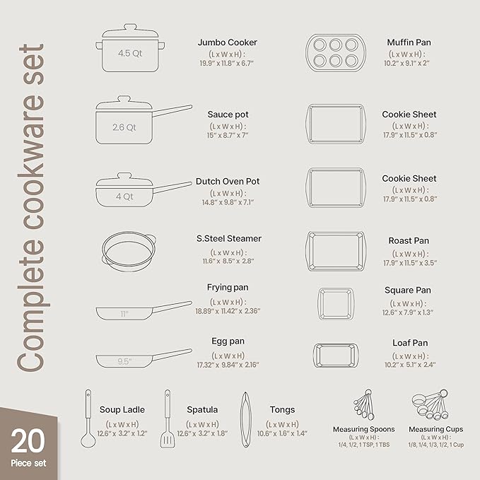 Bakken Master 20 Piece Cookware Set - Pots and Pans with Handle Grips and Tempered Glass Lids, With 6-piece Bakeware Set, Nonstick Granite Coating, Ceramic Max Temperature (Up To 500°F), Brown Marble - Image 2