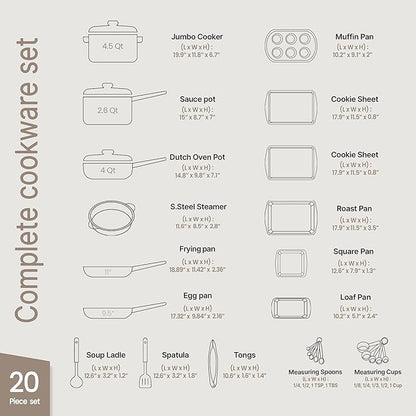 Bakken Master 20 Piece Cookware Set - Pots and Pans with Handle Grips and Tempered Glass Lids, With 6-piece Bakeware Set, Nonstick Granite Coating, Ceramic Max Temperature (Up To 500°F), Brown Marble - Image 2