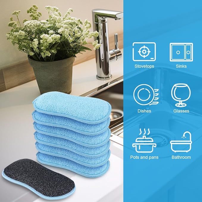 HOMEXCEL 12 Pack Multi-Purpose Scrub Sponges Kitchen, Dish Sponge, Non-Scratch Microfiber Sponge for Efficiently Cleaning Dishes, Pots, and Pans (Blue) - Image 6
