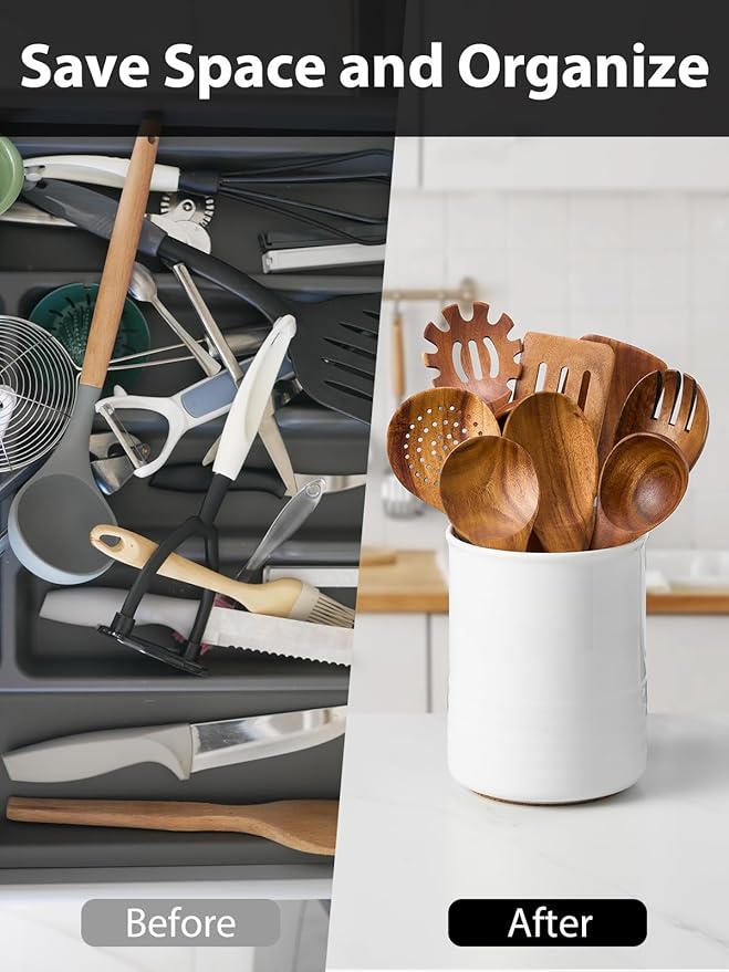 ABRUTY Utensil Holder, 6.7" Ceramic Kitchen Utensil Crock for Countertop Cooking, Modern Utensil Caddy Jar Organizer for Farmhouse Kitchen Counter Decor (White) - Image 5