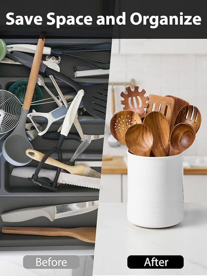 ABRUTY Utensil Holder, 6.7" Ceramic Kitchen Utensil Crock for Countertop Cooking, Modern Utensil Caddy Jar Organizer for Farmhouse Kitchen Counter Decor (White) - Image 5