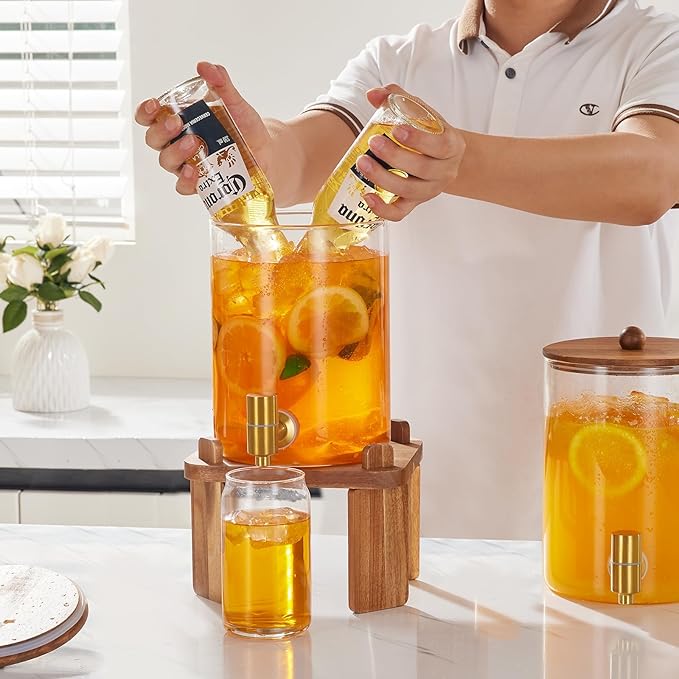 1 Gallon Glass Drink Dispensers: Beverage Dispenser For Parties With Wood Stand, Large Water Drink Dispensers With Stainless Steel Spigot, Ideal for Lemonade,Juice, Tea, and Party Drinks - Image 5