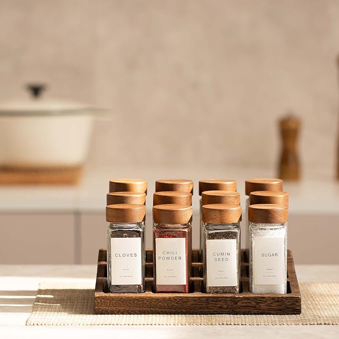 Yangbaga 24Pcs Glass Spice Jars with Labels-4oz Acacia Wood Lid Square Spice Containers and 2pcs Rack with Pepper Grinder Lids &Funnel,Seasoning Jars for Rack Cabinet Drawer - Image 6
