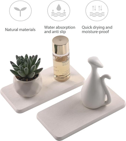 NiuYichee 2 Pcs Water Absorbing Stone Trays, Kitchen/Bathroom Sink Soap Dish, Diatomite Tray Used for Hand Soap & Cosmetic Bottles in The Modern Home, 3.5" W x 7.1" L, White