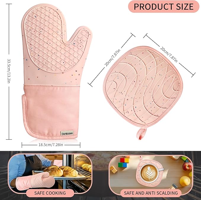 Pink Oven Mits, Heat Resistant, Non-Slip Grip Pattern, Baking Gloves for Oven, Kitchen Pot Holders,1 Pair - Image 2