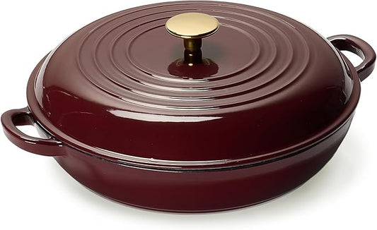 CAROTE 3.4QT Enameled Cast Iron Braiser Pan, Shallow Dutch Oven Casserole Skillets, Non-Toxic Cast Iron Pot with Lid for Grilling, Searing, Baking, Dual Handles, All Stovetop Compatible, Fig