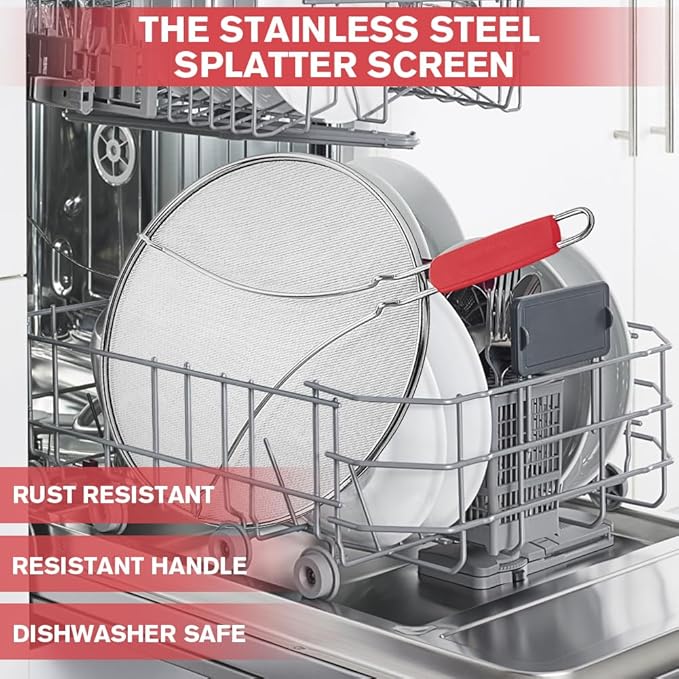 Splatter Screen for Frying Pan & Food Strainer,13 Inch Stainless Steel Grease Splatter Guard,Shield from Splashing Oil, Dishwasher Safe(Red) - Image 4