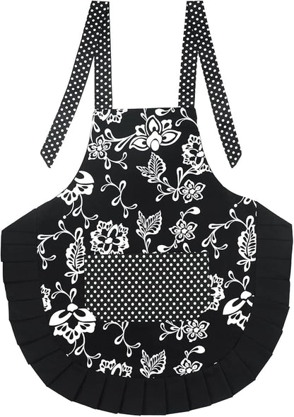 G2PLUS Vintage Floral Kitchen Apron for Women, Black Pleated Hem Cooking Apron with Pocket, Retro Cotton Apron for Kitchen and Home Use (29 x 21 inch)