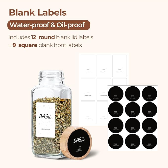 ComSaf 8 oz 6Pcs Glass Spice Jars with Label, Empty Spice Containers with Bamboo Lids, Square Seasoning Containers Trial and Supplement Set, Small Seasoning Bottles for Salt, Herbs, Sugar, Pepper - Image 2