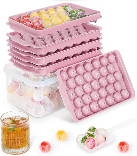 Optish Ice Cube Tray with Lid and Bin, 3 Pack Ice Trays for Freezer, 99 Pcs Round Ice Cube Mold, Ices Maker Bucket with Scoop for Cocktail, Coffee, Rv Accessories, Easy to Release (1 inch, Pink) by Optish