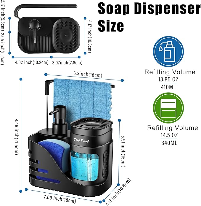 Kitchen Soap Dispenser Set, 4-in-1 Dual Hand and Dish Soap Dispenser with Sponge Holder and Dishcloth Holder for Kitchen Sink (Black) - Image 6