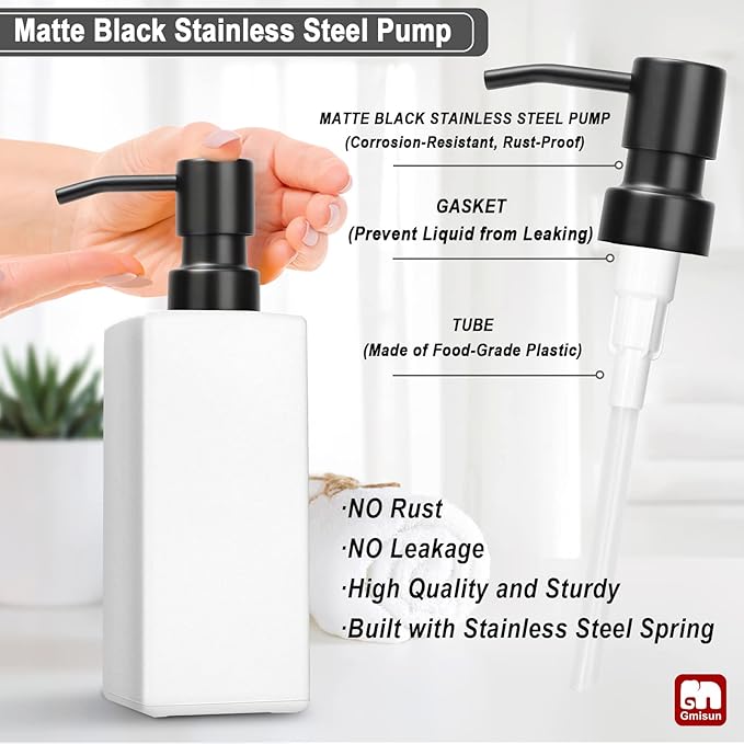 GMISUN White Soap Dispenser, Bathroom Hand Soap Dispenser, Glass Dispenser with Stainless Steel Pump, Kitchen Hand and Dish Soap Dispensers, 12 fl oz/350ml Liquid Refillable Soap and Lotion Bottle - Image 3