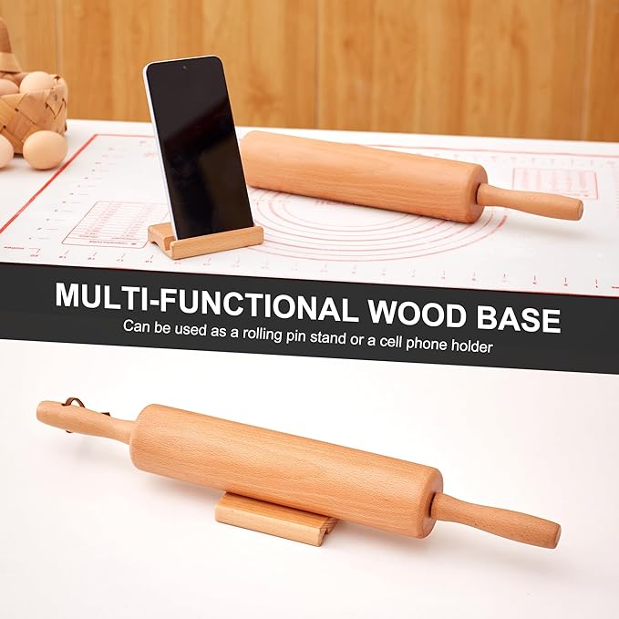 Classic Wood Rolling Pin - Wooden Rolling Pins for Baking Silicone Mat Set, Dough Roller with Wood Base, Fondant Roller for Pie Crust Cookies Pizza Dough and Bread, 17 Inch - Image 4