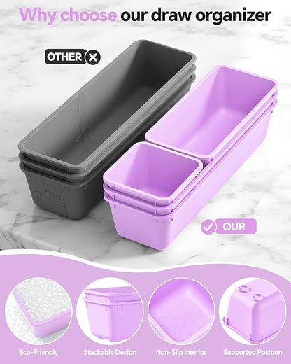 Canfanni 13 Pack Plastic Drawer Organizers Set, 3 Sizes Desk Drawer Organizer Trays for Vanity and Makeup Organizer, Organization and Storage for Makeup, Kitchen Utensils, Bathroom and Office(Purple) - Image 3