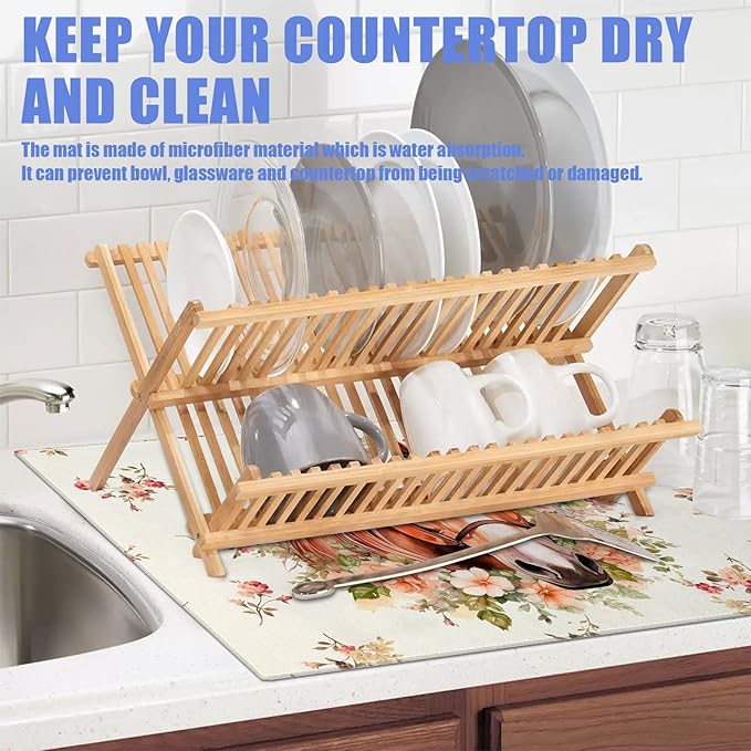 Horse Flower Dish Drying Mat for Kitchen Counter Drying Pad Absorbent Reversible Dish Drainer Rack Mats Draining Pad 18"x24"Inch