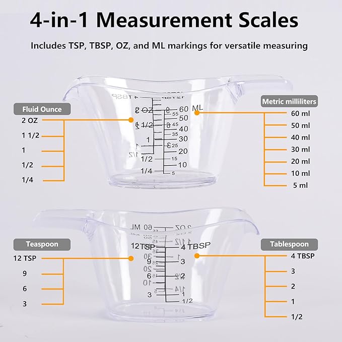 4 Pack Small Measuring Cups, 2oz/60ml Mini Measuring Cup with tsp/Tbsp/oz/ml Markings, Clear Easy-Read Scale for Kitchen, Resin, DIY, Beauty Mixing (4)