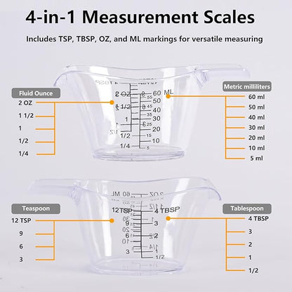 4 Pack Small Measuring Cups, 2oz/60ml Mini Measuring Cup with tsp/Tbsp/oz/ml Markings, Clear Easy-Read Scale for Kitchen, Resin, DIY, Beauty Mixing (4)