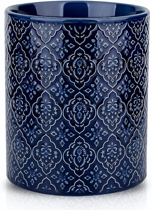 KOOV Kitchen Utensil Holder, Large Utensil Holders for Countertop, 6 x 7 Inches Ceramic Utensil Crock, Deep and Stable, Cooking Utensil Holder, Embossed Pattern (BLue) by KOOV