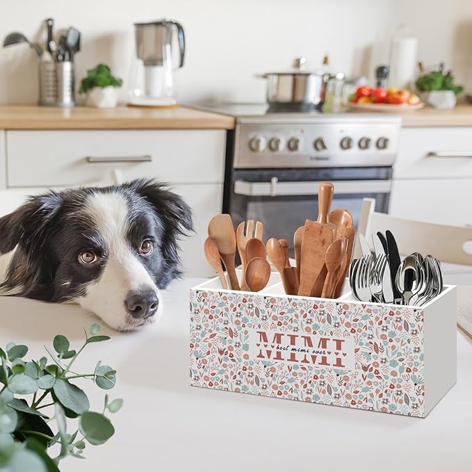 Best Mimi Ever Gifts Kitchen Utensil Holder, Grandma Gifts for Nana Gigi, Mothers Day Birthday Gift for Grandma from Grandkids, Mimi Gift Floral Wooden Cooking Utensil Holder