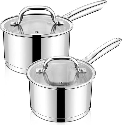 LIANYU Stainless Steel Saucepan Set of 2, 2QT & 3QT Sauce Pan with Tempered Glass Lid, Tri-Ply Bottom Small Cooking Pot, Oven & Dishwasher Safe