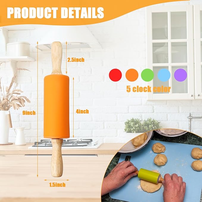 10Pcs 9 Inch Silicone Small Rolling Pin for Kids Wooden Rolling Pins for Baking Mini Silicone 5 Colors Wooden Handle Rolling Pin for Kitchen Cake Baking Cookie - Image 5