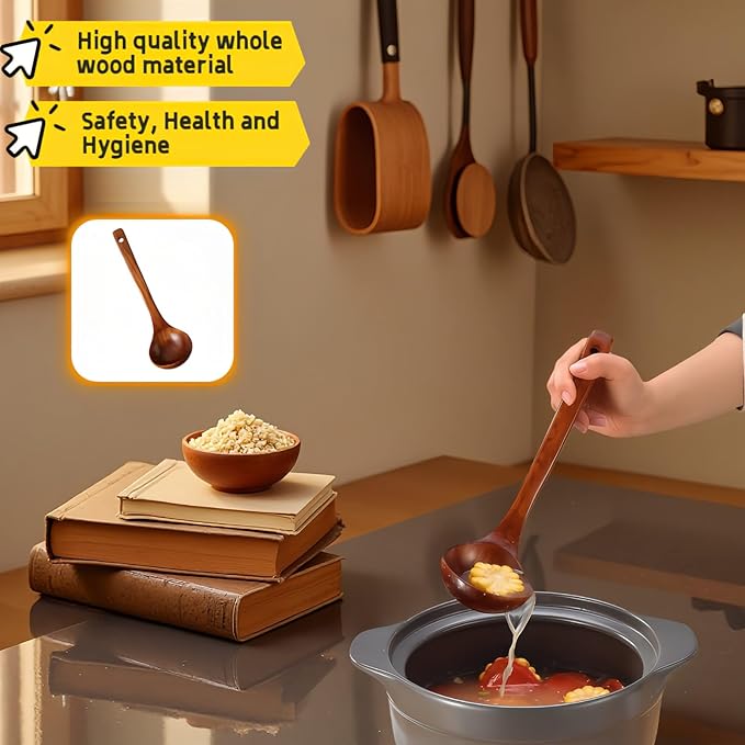 10" Premium Wooden Spoon for Cooking, Natural Teak - Non Drip, Heat Resistant & Comfort Grip, Handmade Smooth Wood Soup Spoon for Stirring, Serving, Non Stick Pots/Hot Soups and Broths - Image 2